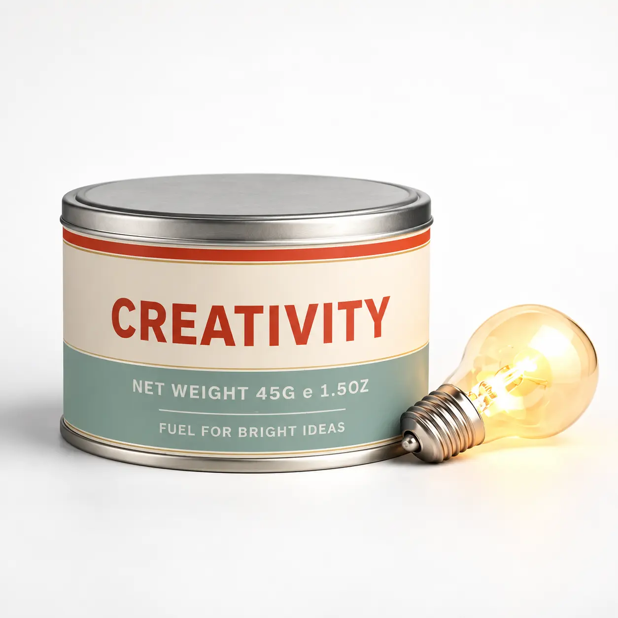 Tin labelled Creativity beside a glowing light bulb, representing brand ideas worth protecting